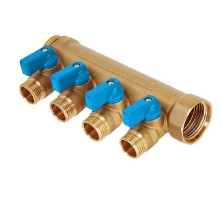 Коллектор латунный никелированный Hoobs 3/4"х4х1/2"EK с шаровыми кранами синие флажки 4 выхода