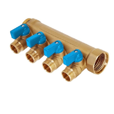 Коллектор латунный никелированный Hoobs 3/4х4х1/2EK с шаровыми кранами синие флажки 4 выхода