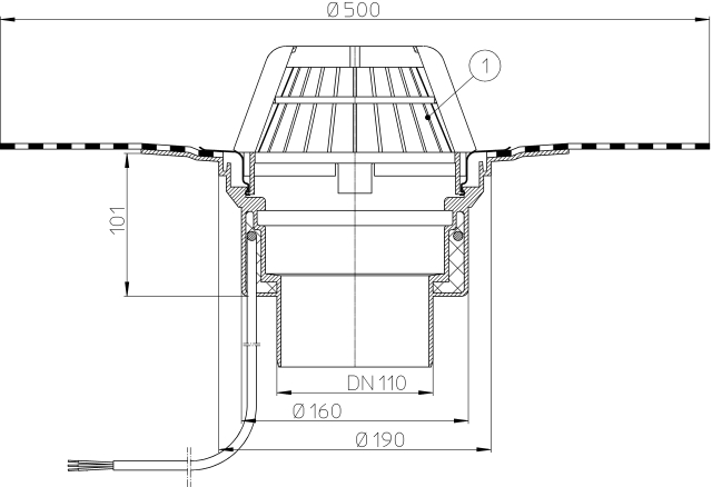 HL 62.1H/1 Кровельная воронка с электроподогревом, с гидроизоляционным полимербитумным полотном, DN110  