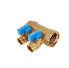 Коллектор латунный никелированный Hoobs 3/4"х2х1/2"EK с шаровыми кранами синие флажки 2 выхода