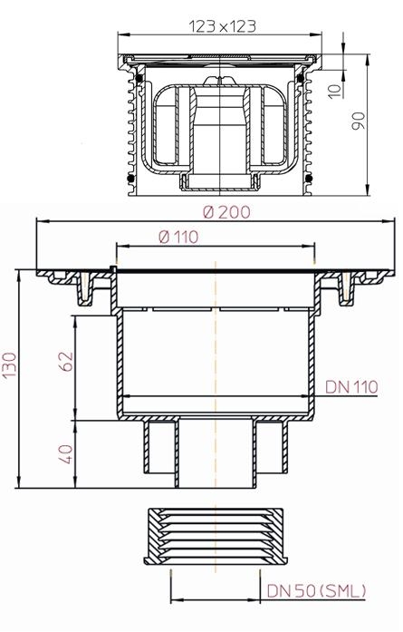 Трап для внутренних помещений с решеткой 115*115 мм  