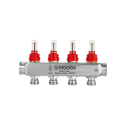 Коллектор Hoobs, нерж. сталь, с расходомерами и кронштейнами, 1"х3/4"-12 вых  