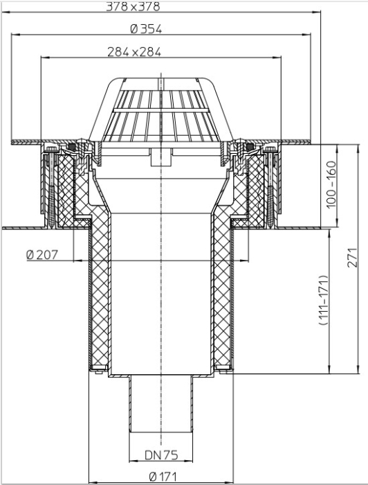 HL 63P/7 Кровельная воронка с гидроизоляционным полотном из ПВХ, DN75