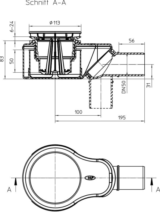 HL 520 Сифон для душевого поддона Q(гор) = 0,9 л/c Q(верт.) = 1,25 л/с  