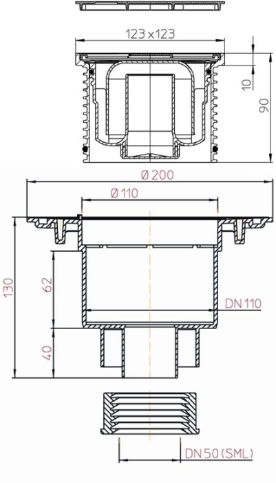 HL Трап с решеткой из нержавеющей стали 115*115 мм  