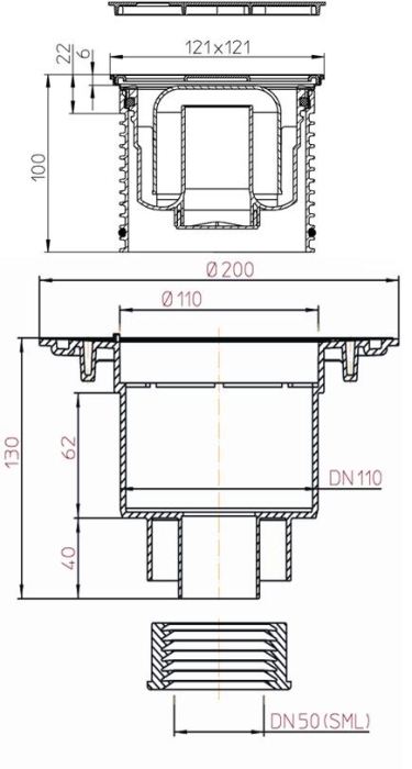 HL 310N-3000-SML Трап для внутренних помещений с решеткой 115*115 мм  