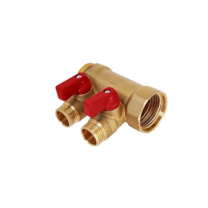Коллектор латунный никелированный Hoobs 3/4"х2х1/2"EK с шаровыми кранами красные флажки 2 выхода  