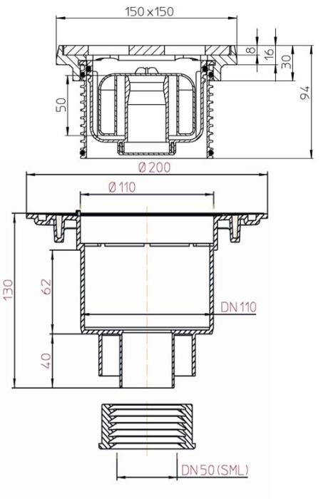 HL 310NPrG-SML Трап для внутренних помещений с круглой решеткой в металлическом подрамнике ? 133 мм  