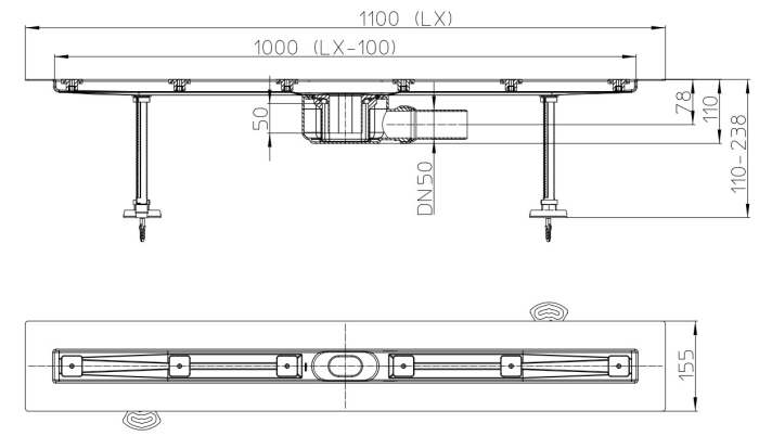 HL 50F.0/110 Плоский душевой лоток длиной 1100мм без решетки