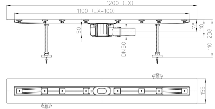HL 50F.0/120 Плоский душевой лоток длиной 1200 мм без решетки  