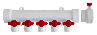 Коллектор Kalde 5 вых. / цвет ручек красный с воздухоотводчиком