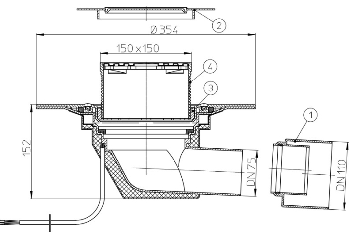 HL 64.1BP/1 Кровельная воронка с электрообогревом, для ПВХ-мембран, гориз.выпуск DN110