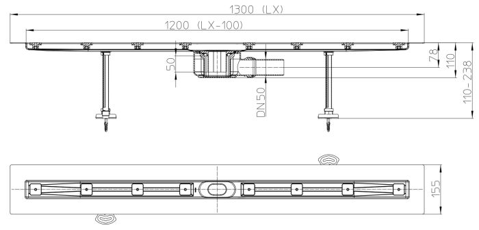 HL 50F.0/130 Плоский душевой лоток длиной 1300 мм без решетки
