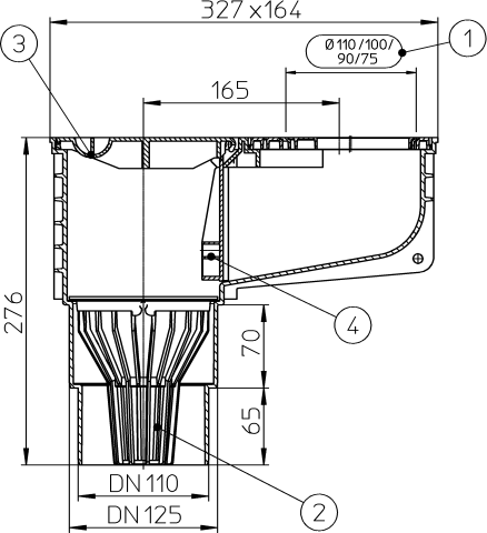 HL 660/2-80 Дворовый дождепреемник (вертик. выпуск), наборные колца под трубу DN 80, 100, 110 мм  
