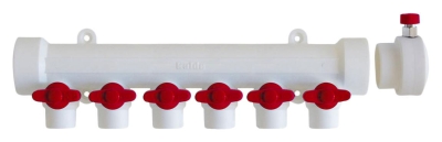 Коллектор Kalde 6 вых. / цвет ручек красный с воздухоотводчиком