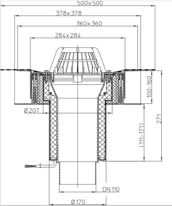 HL 63.1H/1 Кровельная воронка с электроподогревом, с полимербитумным полотном, DN 110  