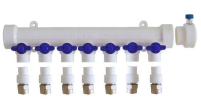 Коллектор Kalde 7 вых. / цвет ручек синий с воздухоотводчиком