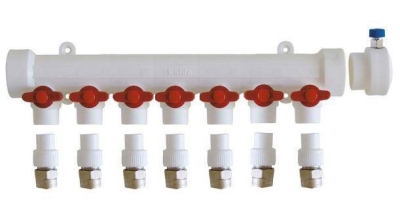 Коллектор Kalde 7 вых. / цвет ручек красный с воздухоотводчиком