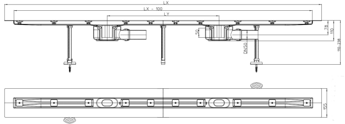 HL 50F.0/170 Плоский душевой лоток с 2-мя сифонами длиной 1700 мм без решетки