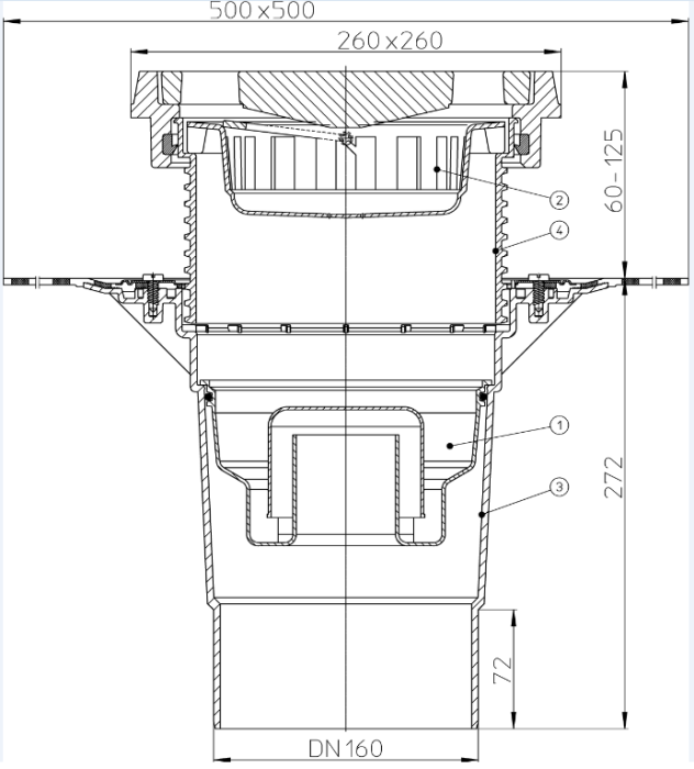 HL 616.1HW/5 Дворовый трап гориз выпуск (нагрузка до 15 т) DN160