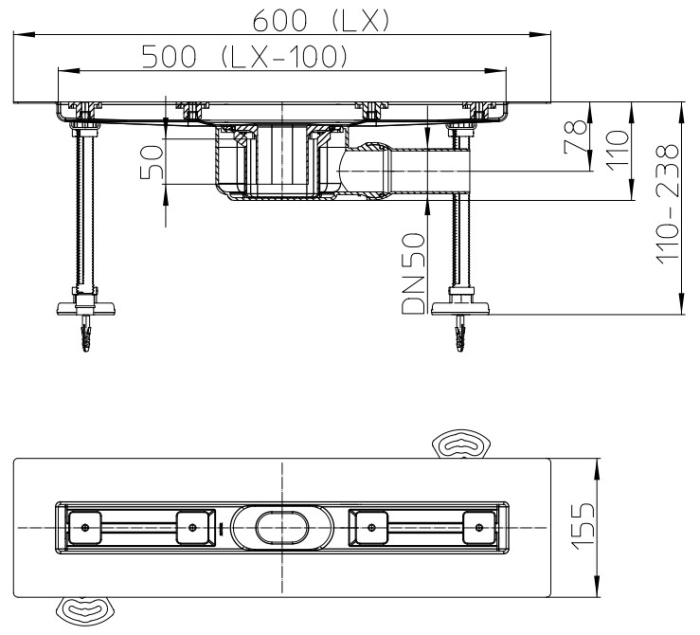 HL 50F.0/60 Плоский душевой лоток длиной 600 мм без решетки