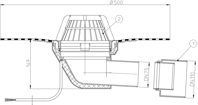 HL 64.1H Кровельная воронка с электроподогревом, с горизонтальным выпуском  