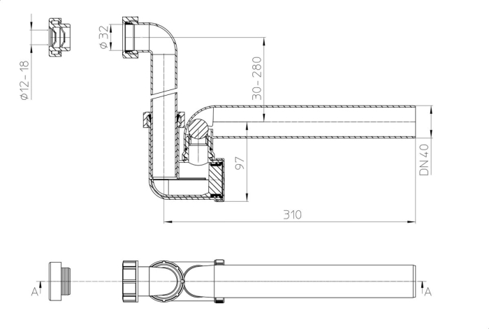 HL 136N Сифон с прочисткой, с запахозапирающим устройством, DN40  