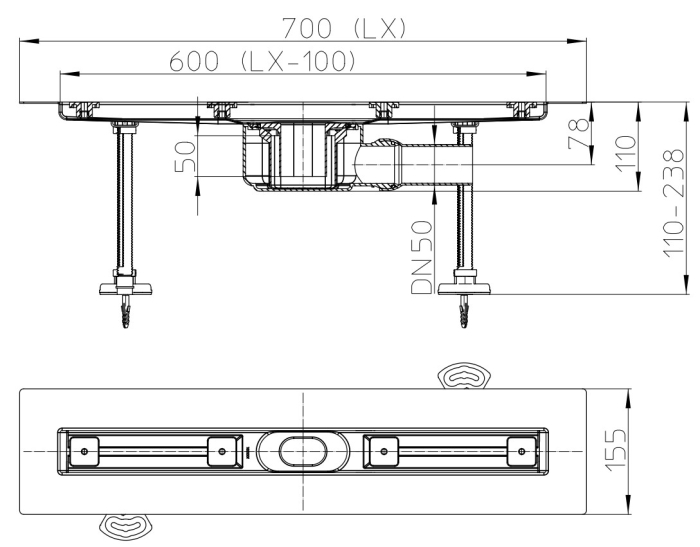 HL 50F.0/70 Плоский душевой лоток длиной 700 мм без решетки