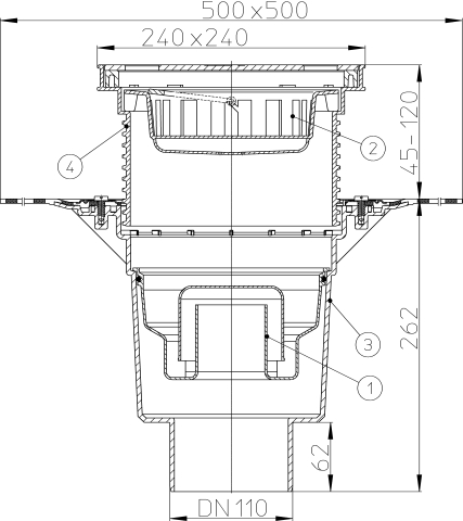 HL 616HSW/1 Дворовый трап (вертикальный выпуск DN110), с полимербитумным полотном, с решеткой из нержавеющей стали, до 2,5 тонн.  
