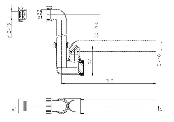 HL 136NT Сифон с прочисткой, с запахозапирающим устройством, прозрачный, DN40  