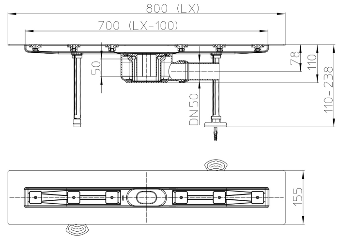 HL 50F.0/80 Плоский душевой лоток длиной 800 мм без решетки