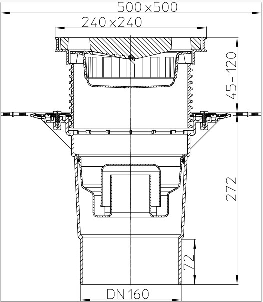 HL 616HSW/5 Дворовый трап (вертикальный выпуск DN160), с полимербитумным полотном, с решеткой из нержавеющей стали, до 2,5 тонн.