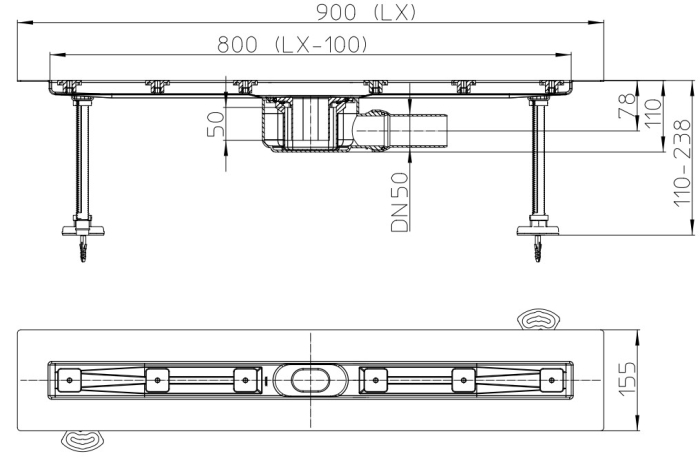 HL 50F.0/90 Плоский душевой лоток длиной 900 мм без решетки