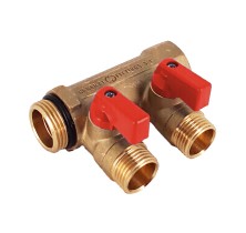 Коллектор латунный Hoobs 1"х2х1/2"EK с шаровыми кранами красные флажки 2 выхода