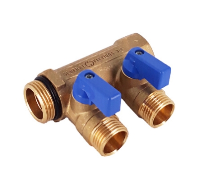 Коллектор латунный Hoobs 1х2х1/2EK с шаровыми кранами синие флажки 2 выхода