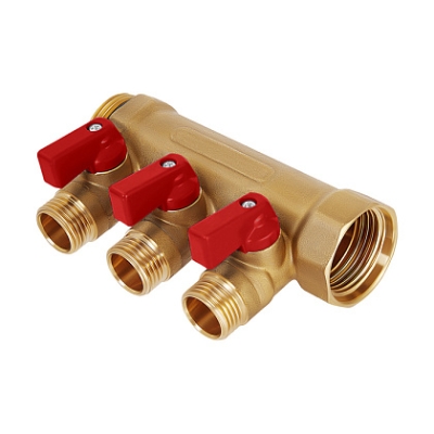 Коллектор латунный Hoobs 1х3х1/2EK с шаровыми кранами красные флажки 3 выхода