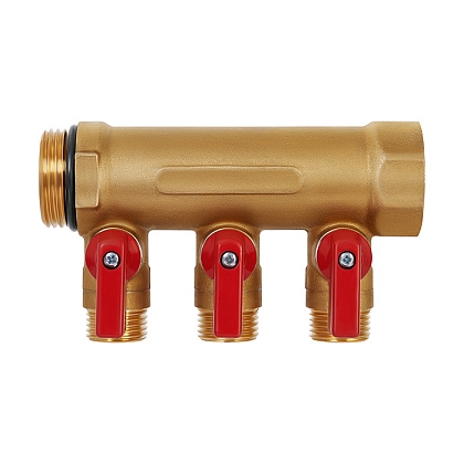 Коллектор латунный Hoobs 1х3х1/2EK с шаровыми кранами красные флажки 3 выхода  