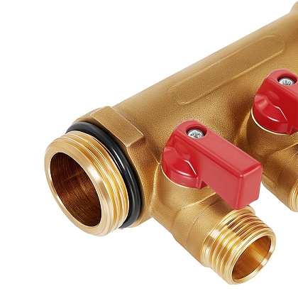 Коллектор латунный Hoobs 1х3х1/2EK с шаровыми кранами красные флажки 3 выхода  