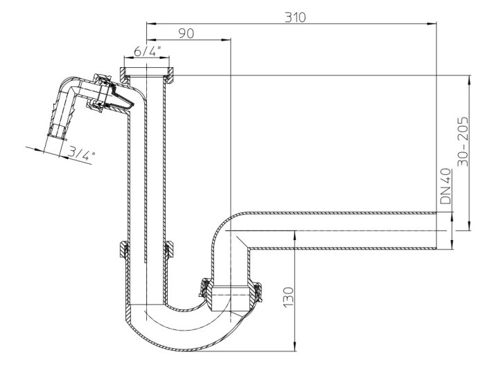 HL 100/40 Сифон с поворотным шарниром DN40, с дополнительным штуцером