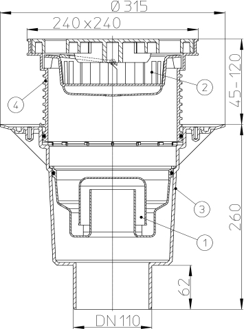 HL 616LW/1 Дворовый трап с сифоном (верт.выпуск DN110) с пласт. решеткой макс. нагрузка 1,5 т.