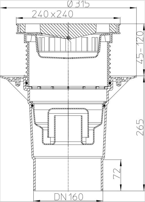 HL 616LW/5 Дворовый трап с сифоном (верт.выпуск DN160) с пласт. решеткой макс. нагрузка 1,5 т.