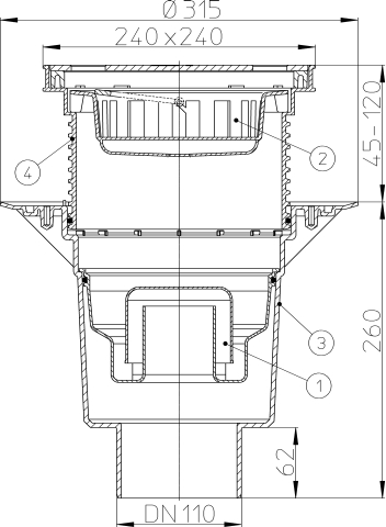 HL 616SW/1 Дворовый трап (верт. выпуск), решетка из нерж. стали  