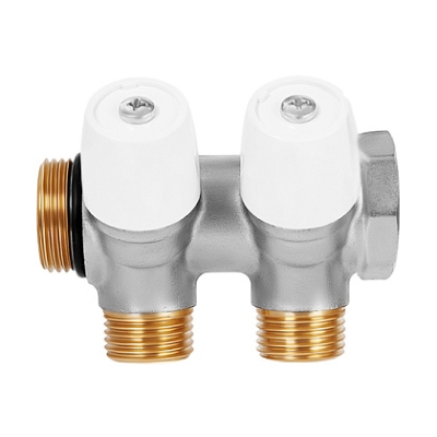 Коллектор латунный никелированный Hoobs 1х2х1/2EK с вентилями белые маховики 2 выхода