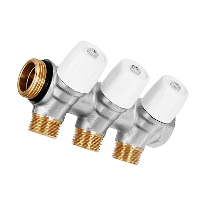 Коллектор латунный никелированный Hoobs 1х3х1/2EK с вентилями белые маховики 3 выхода  