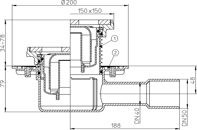 HL 510NG Трап с горизонтальным выпуском с чугунной решёткой (1,5 т.)
