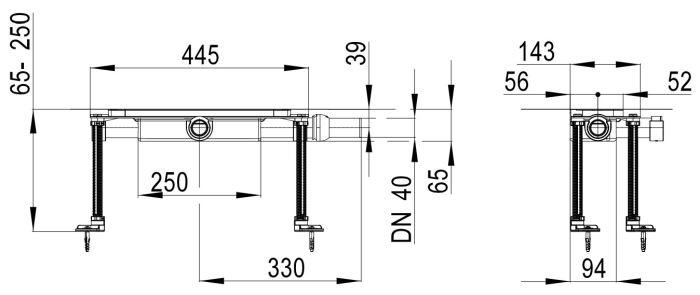 HL 53KF Корпус (низкий)  плоского щелевого лотка с регулируемыми опорами с шумопоглощающими вставками, комплектом гидроизоляции и съёмным сифоном (H=30 мм), DN 40  