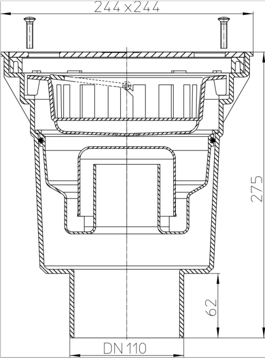 HL 606SW/1 Дворовый трап (верт.выпуск) с решёткой из нерж. стали макс. нагрузка 1,5т DN110  