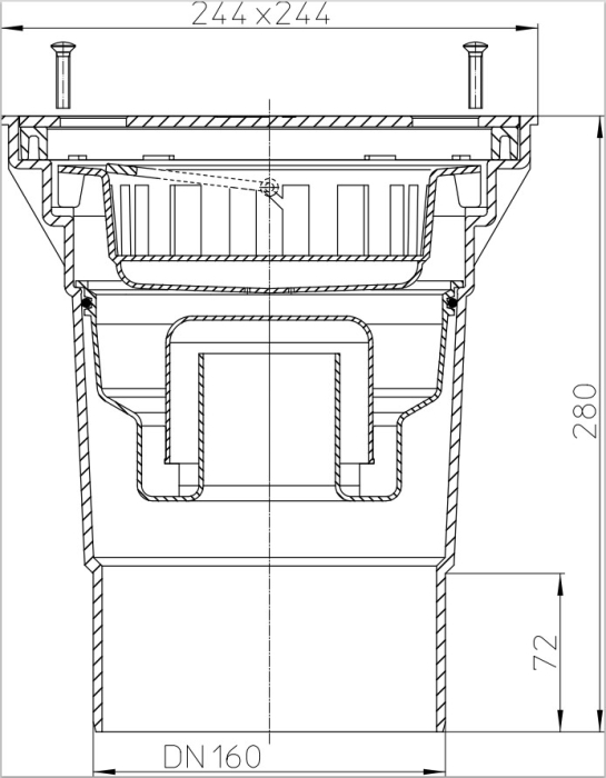 HL 606SW/5  Дворовый трап (верт.выпуск) с решёткой из нерж. стали макс. нагрузка 1,5т DN160  