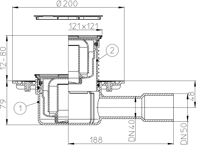 HL 510NPr-3121 Трап с СУХИМ сифоном, с решеткой HL3121 (КЛИК-КЛАК) с горизонтальным выпуском DN40/50