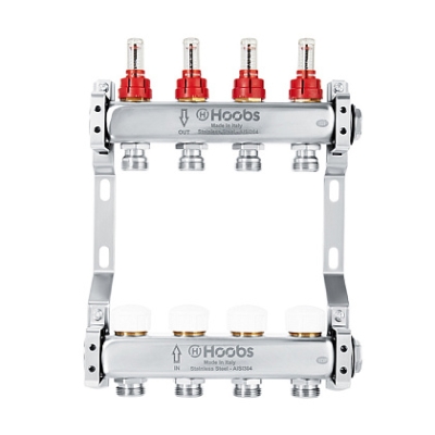 Комплект коллекторов Hoobs, нерж. сталь, с расходомерами, с отсекающими клапанами и кронштейнами 1х3/4-4 вых